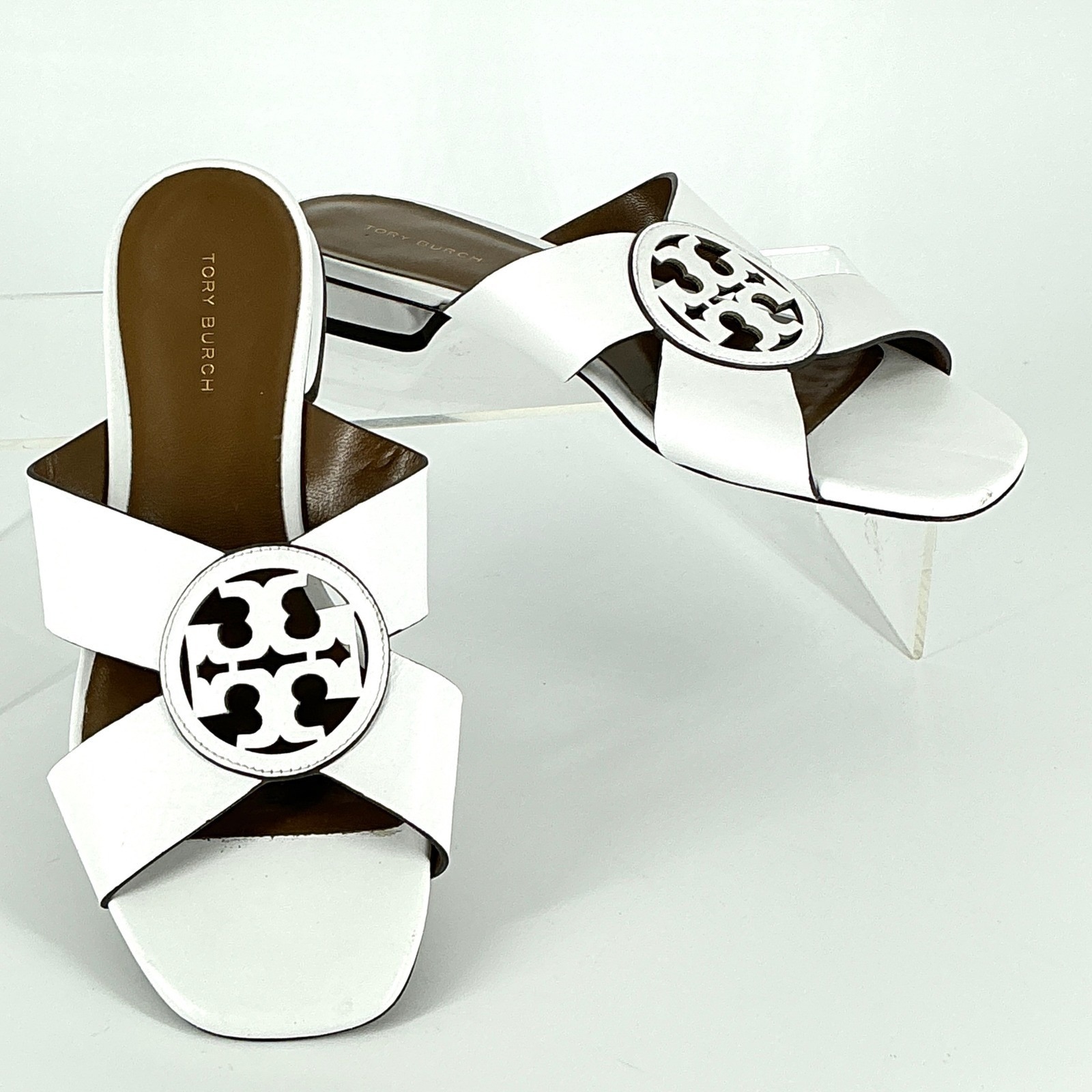 Tory Burch Size 7.5 Miller Cross Strap Slide Sandals White Leather Logo Low Heel